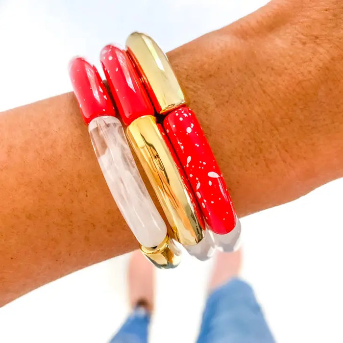 red and white speckled + disc bracelet