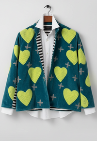Teal jacket with yellow heart patterns on a white background