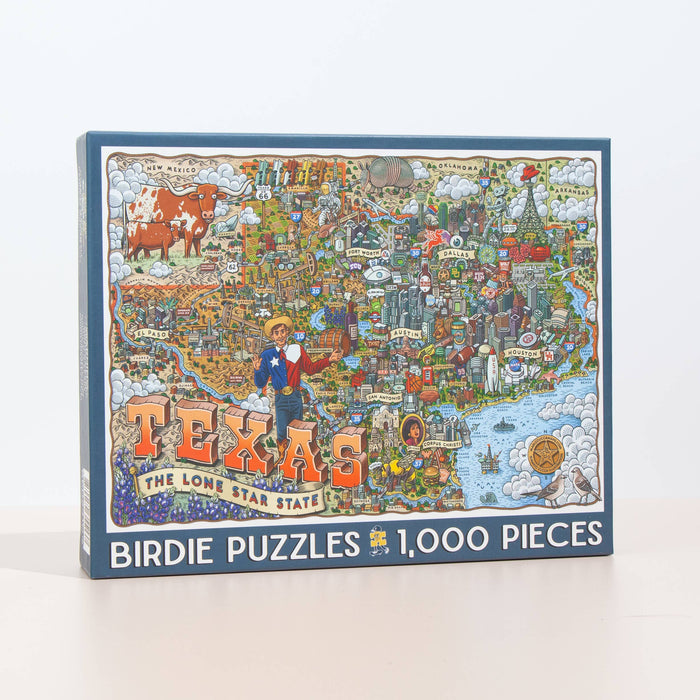 Jigsaw puzzle box featuring a colorful map of Texas with illustrations on a white background.