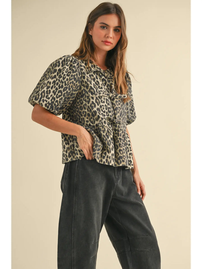 wild about you leopard denim tie top
