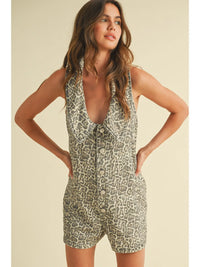 leopard oversized collar denim romper