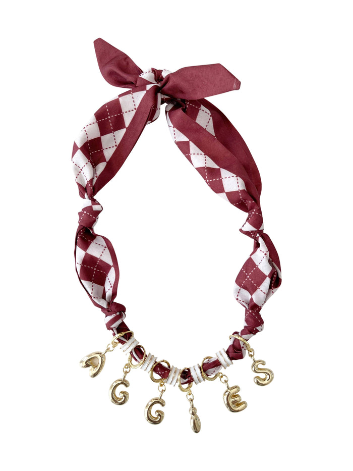 maroon and white game day bubble letter scarf necklace 