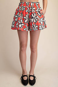 abstract floral elastic waist shorts