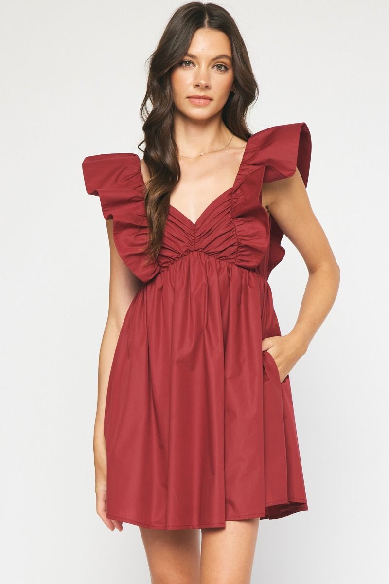 lead me there burgundy ruffle dress