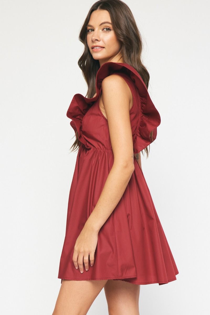lead me there burgundy ruffle dress