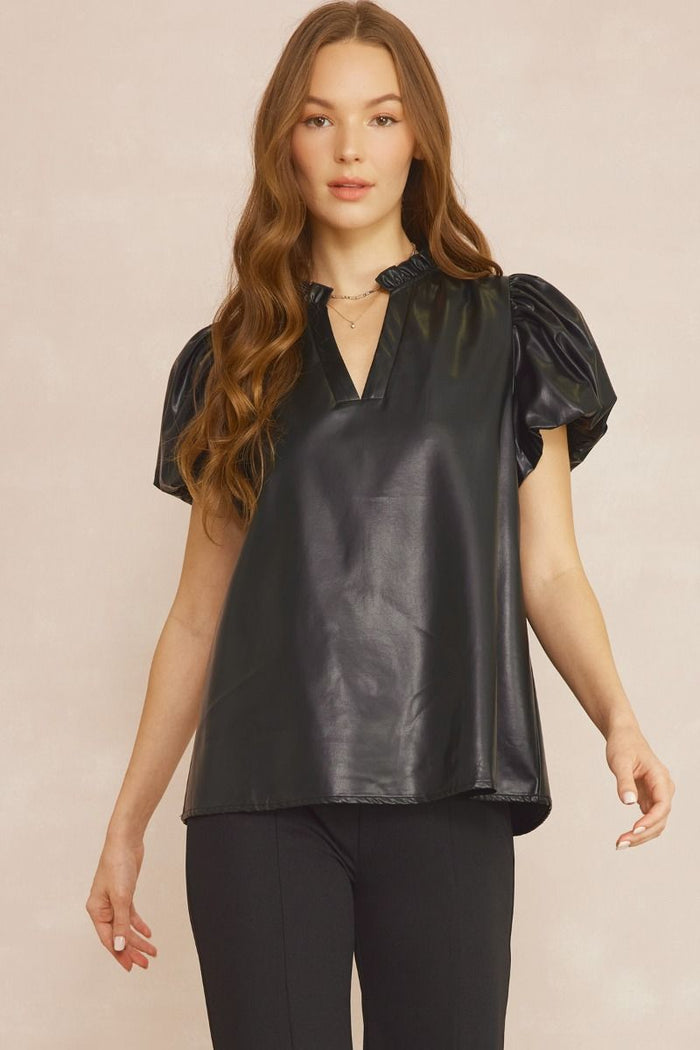 wish I could go back faux leather bubble-sleeve top