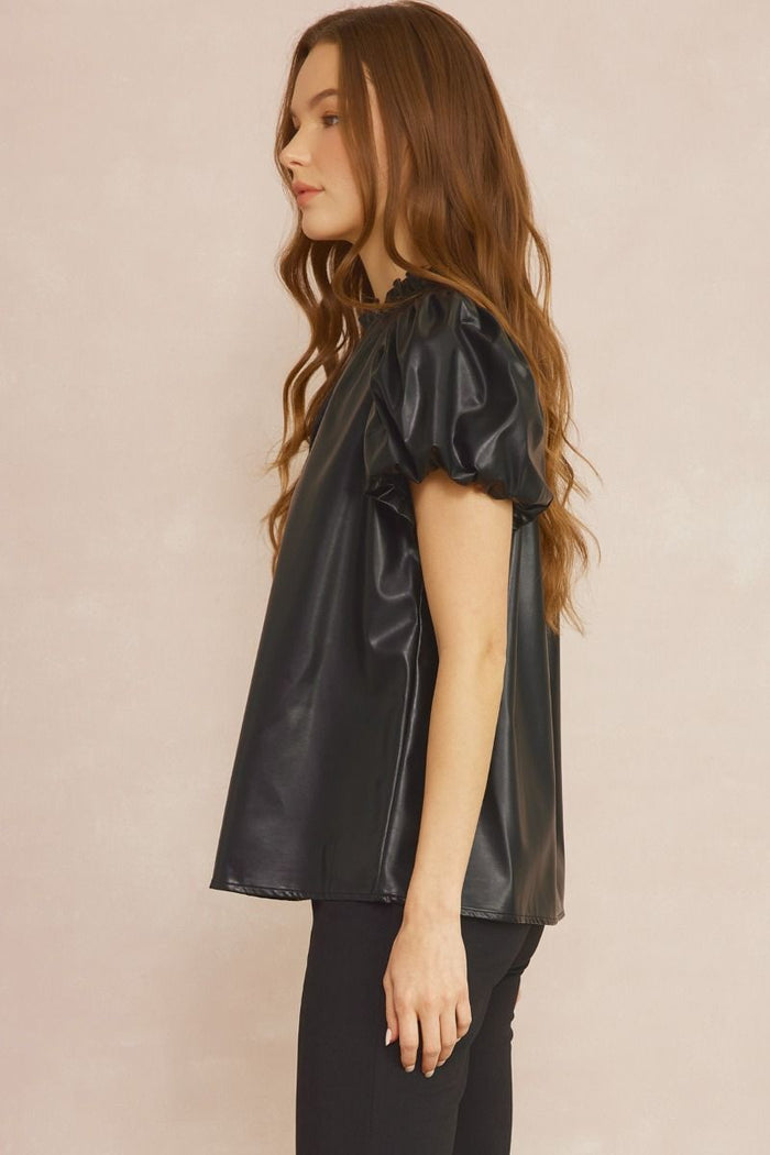 wish I could go back faux leather bubble-sleeve top