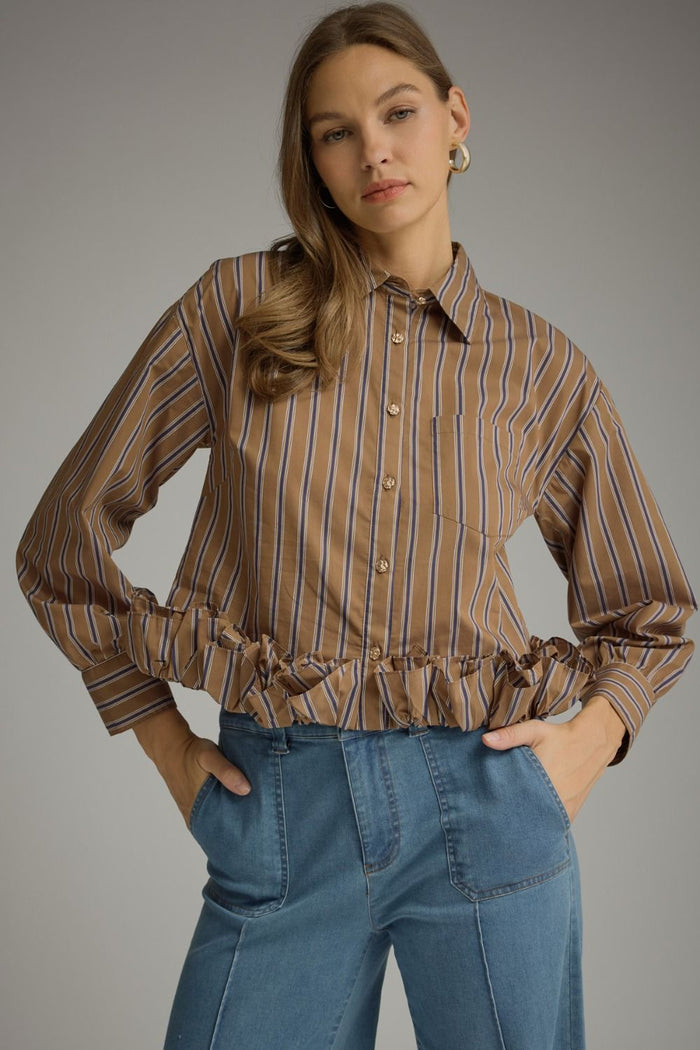 talk soon ruffle button-up