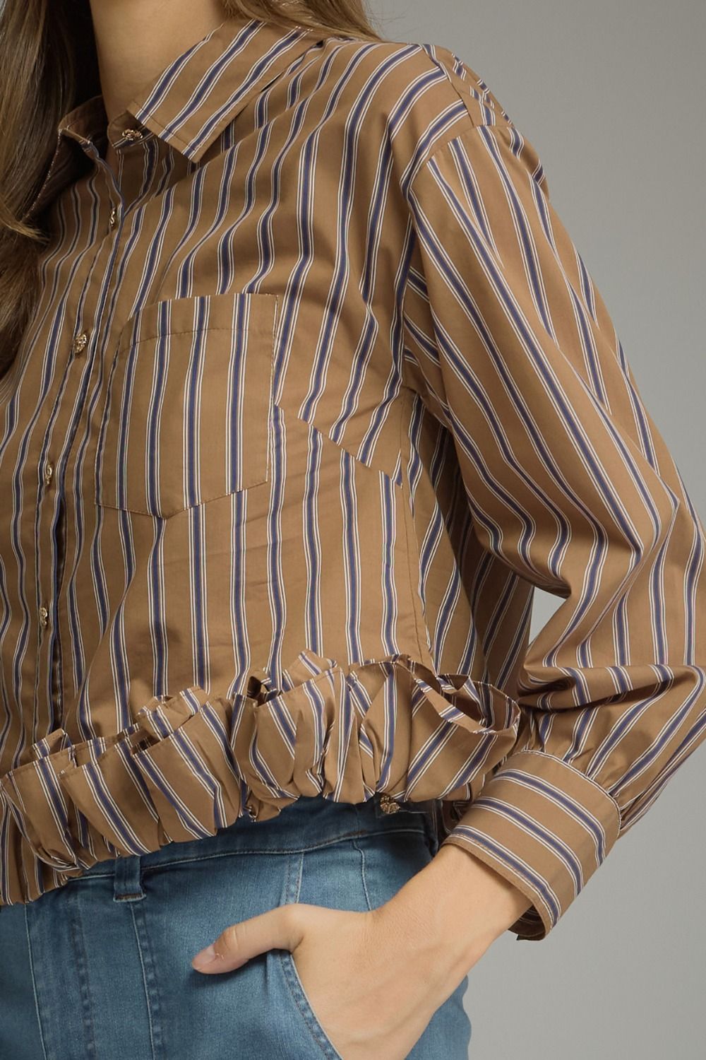 talk soon ruffle button-up