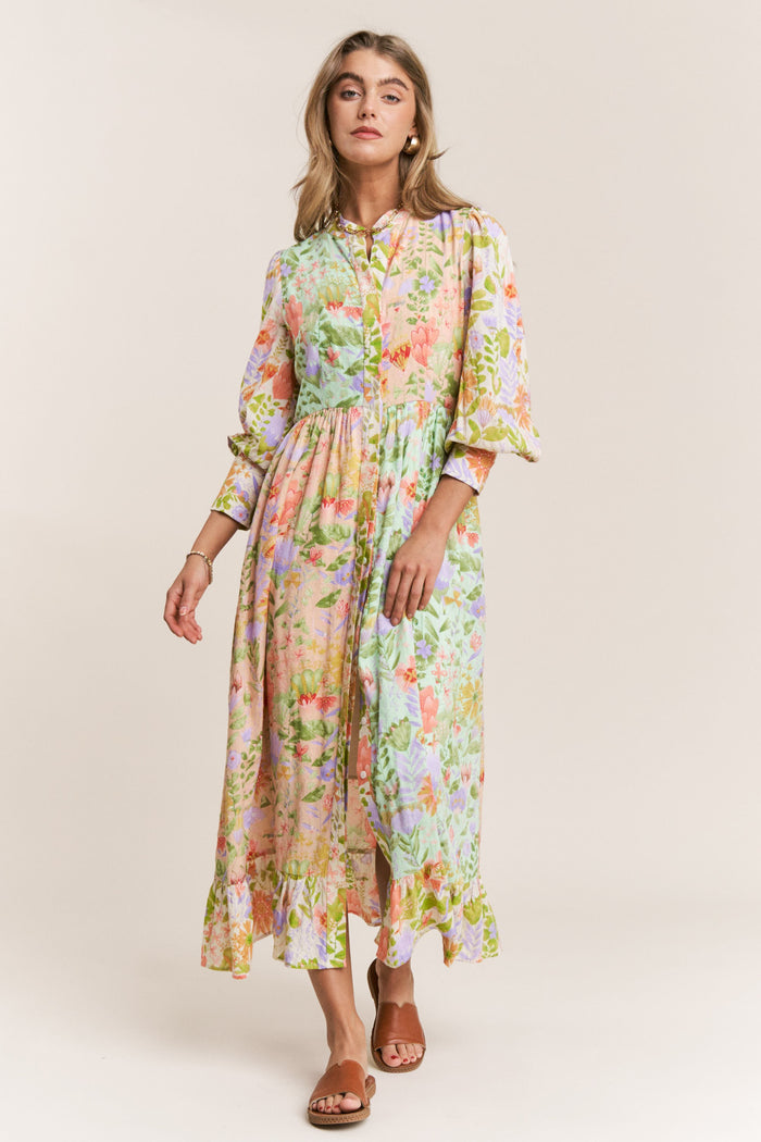 floral print mandarin midi dress