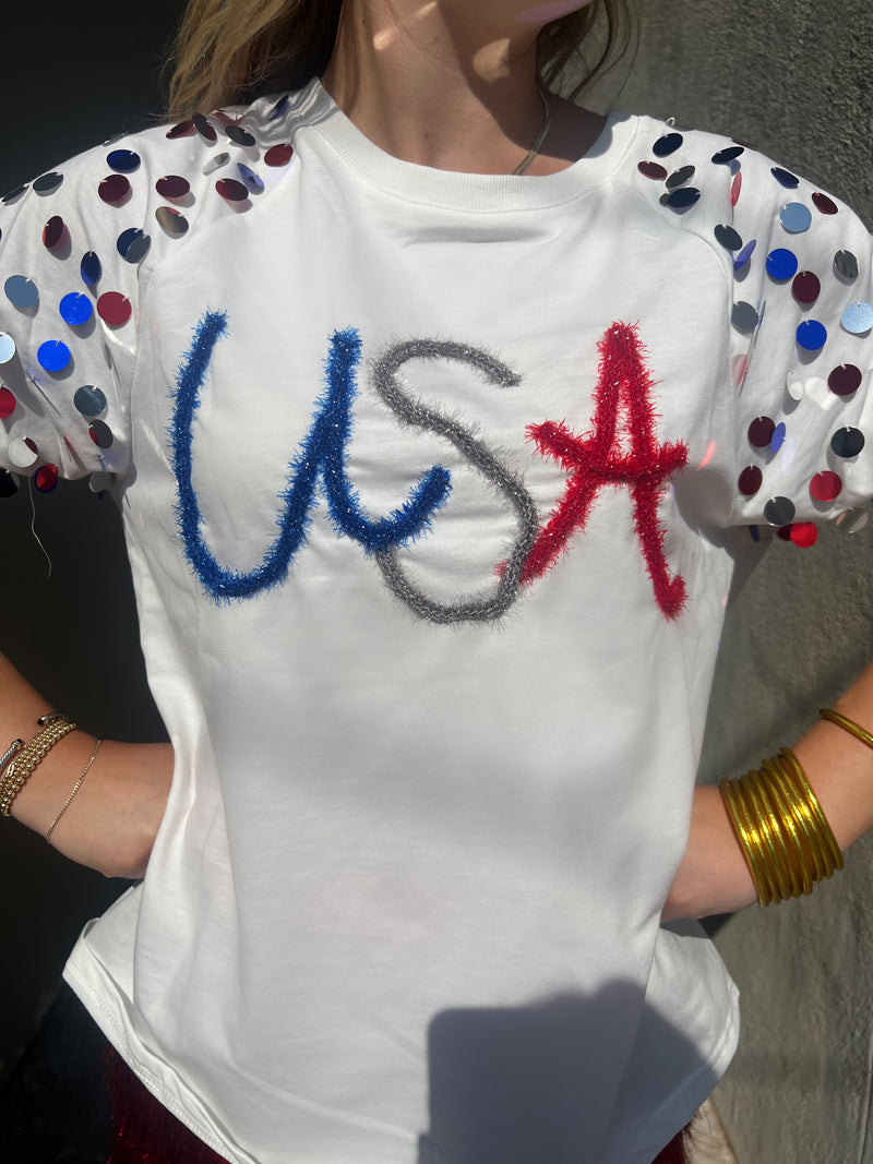 USA tinsel sequin puff sleeve top