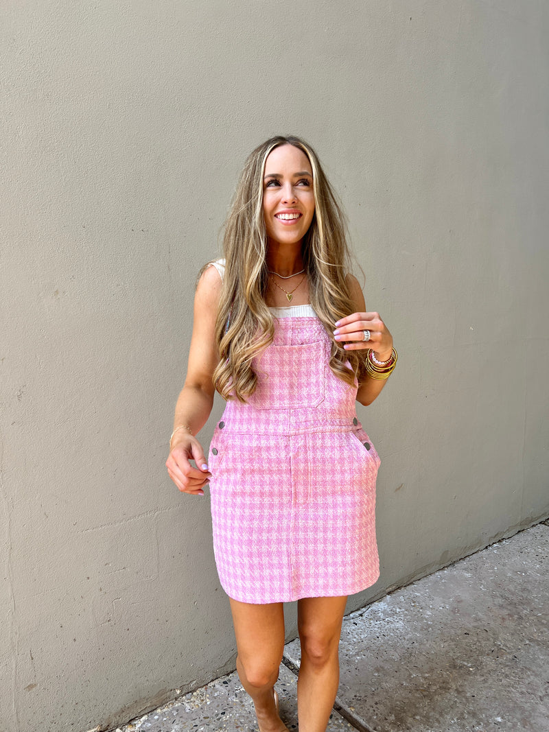pink houndstooth overall dress